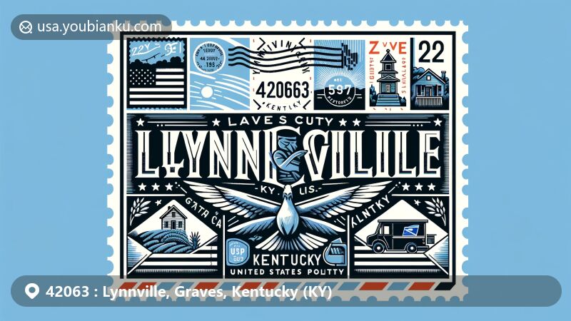 Modern illustration of Lynnville, Graves County, Kentucky, inspired by postal theme with ZIP code 42063, combining vintage postcard design with local agricultural elements and the outline of the state and county.