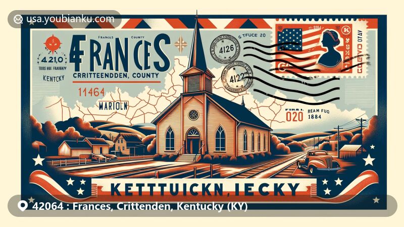 Vintage-style illustration of Frances, Crittenden County, Kentucky, representing ZIP code 42064, showcasing the Crittenden County Historical Museum in Marion, with nods to local history, natural beauty, and postal motifs.
