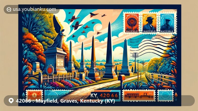 Modern illustration of Mayfield, Kentucky, highlighting postal theme with ZIP code 42066, featuring Wooldridge Monuments at Maplewood Cemetery and Kentucky's agricultural heritage.