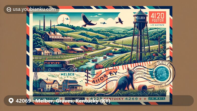 Modern illustration of Melber, Graves County, Kentucky, with a creative postcard design showcasing postal and regional characteristics, including the ZIP code 42069, iconic landmarks like Dixie Cup Water Tower and Daniel Boone National Forest, and Kentucky state symbols.