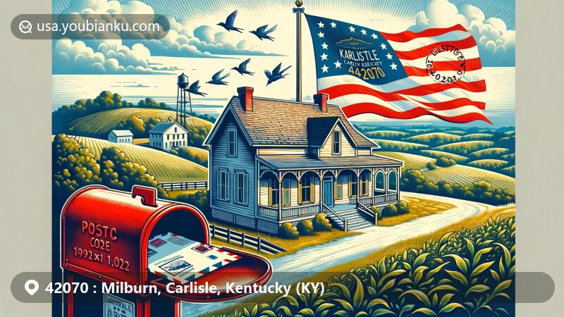 Modern illustration of Milburn area, Carlisle County, Kentucky, showcasing postal theme with ZIP code 42070, featuring George W. Stone House, Kentucky state flag, and a bright red mailbox.