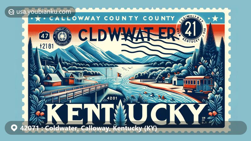 Modern illustration of Coldwater, Calloway County, Kentucky, highlighting postal theme with ZIP code 42071, featuring state and county outlines, vintage postcard elements, and local cultural symbols.