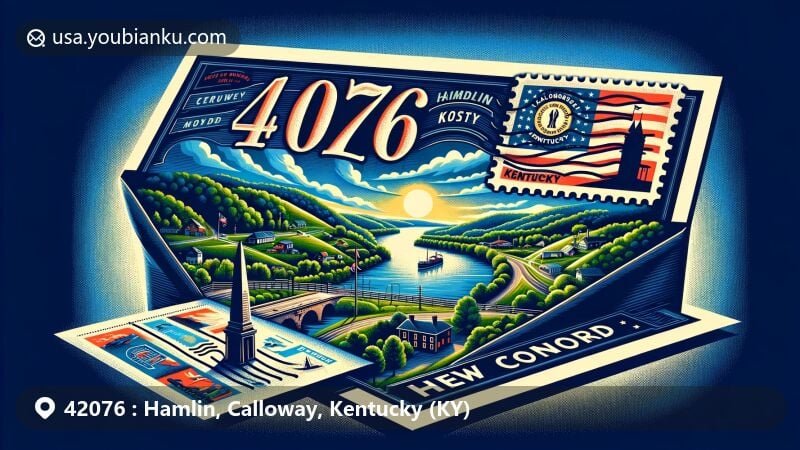 Modern illustration of Hamlin, Calloway County, Kentucky, showcasing postal theme with ZIP code 42076, featuring local landmarks and cultural symbols.