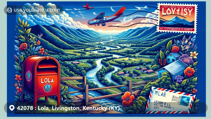 Modern illustration of Lola, Livingston County, Kentucky, reflecting ZIP code 42078, featuring a blend of regional charm and postal motifs, including Kentucky state flag, air mail envelope, and red mailbox.