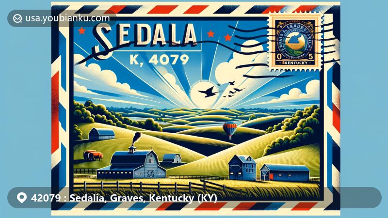 Vintage-style illustration of Sedalia, Kentucky, highlighting rural landscape with rolling hills, barns, fields, and Kentucky state flag under a blue sky and fluffy clouds.