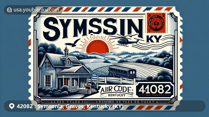 Serene illustration of Symsonia, Graves County, Kentucky, highlighting rural charm and community spirit, featuring Western Kentucky landscapes and local flora, with Kentucky state flag and Graves County outline.