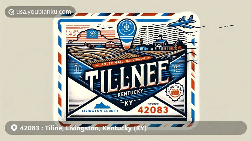 Modern illustration of Tiline, Livingston County, Kentucky, showcasing postal theme with ZIP code 42083, featuring state flag, school icon, and rural landscape.