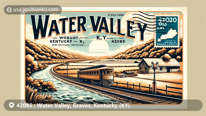 Vintage-style postcard illustration of Water Valley, Graves County, Kentucky, showing ZIP code 42085, with a creative mix of historical and geographical elements, including Bayou de Chien, railroad symbolism, and Kentucky state symbols.