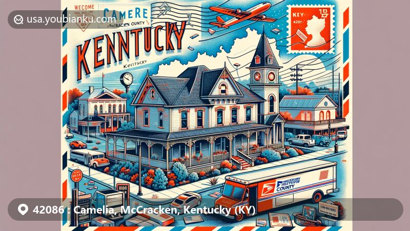 Modern illustration of Camelia in McCracken County, Kentucky, merging local features with postal elements in a web-friendly style, showcasing the Anderson-Smith House and county outline.