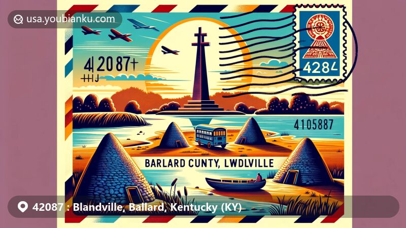 Modern illustration of Blandville, Ballard County, Kentucky, showcasing postal theme with ZIP code 42087, featuring Fort Jefferson Memorial Cross, Wickliffe Mounds, and scenic Axe Lake.