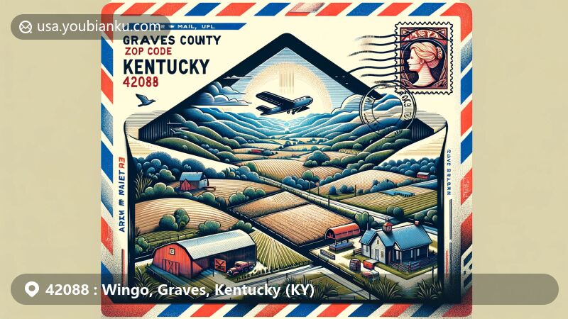 Creative depiction of Wingo, Graves County, Kentucky, with ZIP code 42088, showcasing the village's rural essence and agricultural landscape against the backdrop of Kentucky's rolling hills and farmland.