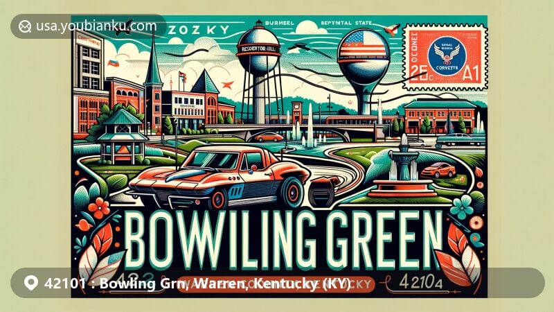 Modern illustration of Bowling Green area in Warren County, Kentucky, with ZIP code 42101, showcasing iconic landmarks like B.G.M.U. Water Tower, Fountain Square Park, and National Corvette Museum, integrated with postal elements representing Kentucky state flag and February 20, 2024 postmark.