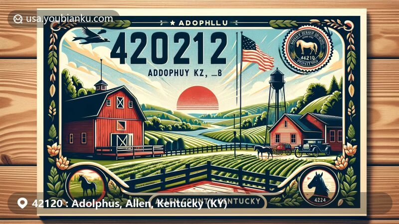 Modern illustration of Adolphus, Allen County, Kentucky, featuring classic red barns, green fields, and horses, capturing the essence of Kentucky's rural landscape, with vintage postcard layout and postal theme.