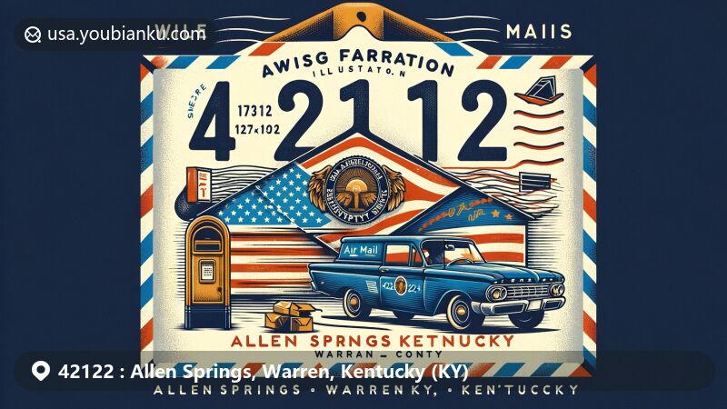 Modern illustration of Allen Springs, Warren, Kentucky, showcasing ZIP code 42122, featuring vintage air mail envelope with Kentucky state flag and postal elements.