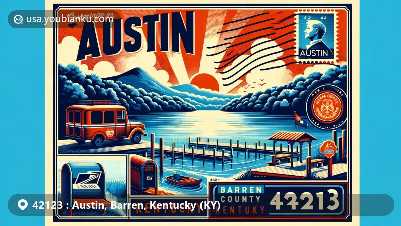 Modern illustration of Austin, Barren County, Kentucky (KY), featuring scenic Barren River Lake, Kentucky state flag, vintage postal stamp with ZIP code 42123, mail carrier vehicle, and traditional mailbox, highlighting postal heritage and community connection.