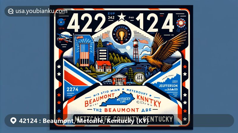 Modern illustration of Beaumont, Metcalfe County, Kentucky, showcasing postal theme with ZIP code 42124, featuring Kentucky flag, county outline, and natural beauty like Mammoth Cave National Park or Daniel Boone National Forest.