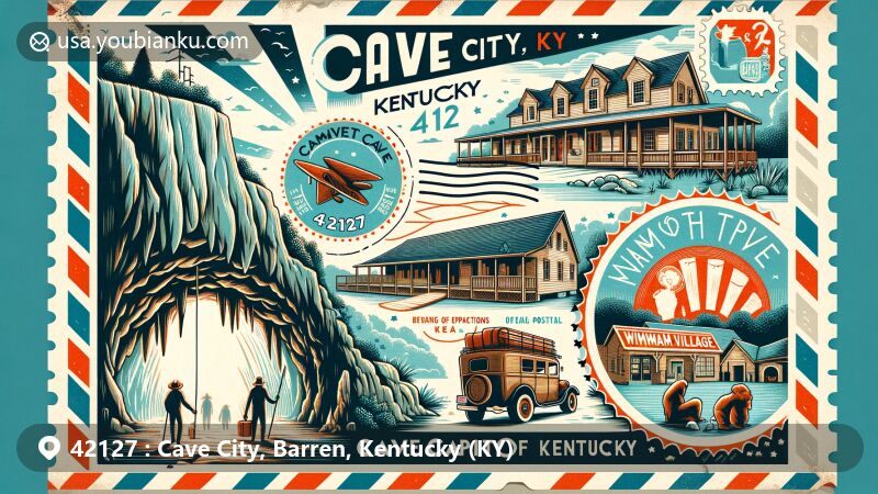 Modern illustration of Cave City, Kentucky, showcasing its title as the Cave Capitol of Kentucky, highlighting Mammoth Cave National Park, cave exploration activities, and the iconic Wigwam Village Motel, with vintage postcard and air mail envelope motifs.