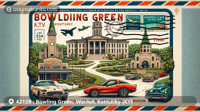 Modern illustration of Bowling Green, Kentucky, showcasing iconic landmarks like Corvette Museum, Riverview at Hobson Grove, and Baker Arboretum & Downing Museum, intertwined with postal heritage.