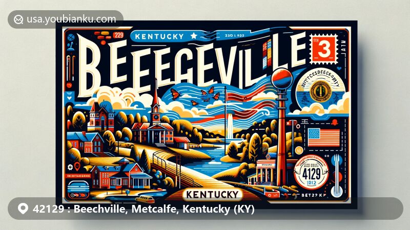 Modern illustration of Beechville, Metcalfe County, Kentucky, postcard design with ZIP code 42129, featuring state flag and local symbols, incorporating scenic elements representing the region's identity and community pride.