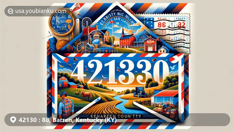 Modern illustration of Eighty Eight, Kentucky, in Barren County, showcasing air mail envelope with ZIP code 42130, featuring rural and agricultural elements, Fort Williams, Scottish heritage, and Barren River Lake State Resort Park.