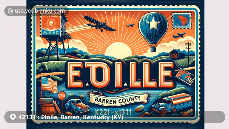 Modern illustration of Etoile, Barren County, Kentucky, with postal theme featuring ZIP code 42131, showcasing rural landscape and local 'star' symbolism.
