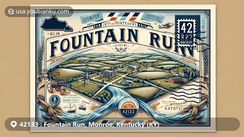 Modern illustration of Fountain Run, Monroe County, Kentucky, highlighting the ZIP code 42133, featuring air mail envelope with local history and geography elements, including Monroe County outline, Jimtown references, and Kentucky state symbols.