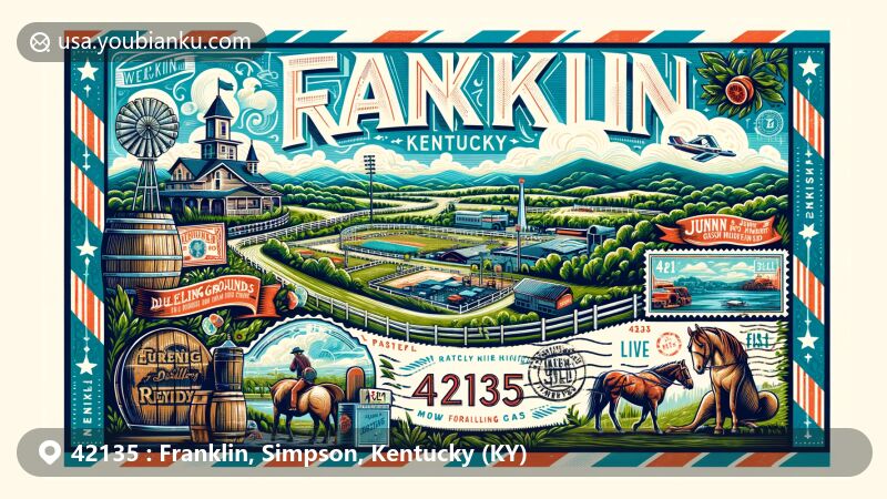 Modern illustration of Franklin, Kentucky, showcasing postal theme with ZIP code 42135, featuring Dueling Grounds Distillery and historical sites like Johnny and June Cash's wedding location.
