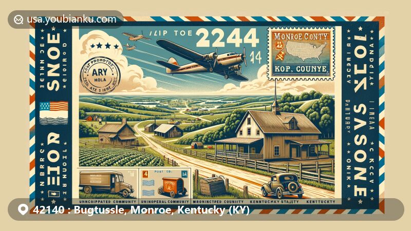 现代插图，展示印第安纳州克劳福德县的霍顿镇，突出有着ZIP码47140的邮政主题，展示马伦戈洞穴和印第安纳州象征。