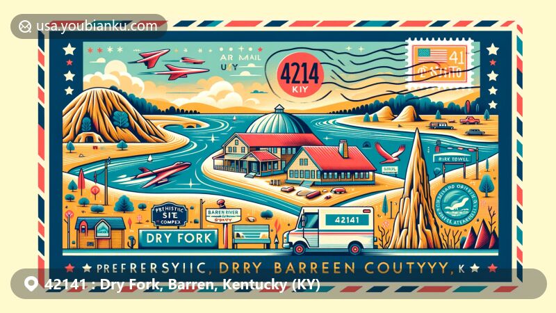 Modern illustration of Dry Fork, Barren County, Kentucky, inspired by a postcard or air mail envelope with ZIP code 42141. Features Prehistoric Jewel Site Complex, Barren River Lake, and postal elements, reflecting the region's history and natural beauty.