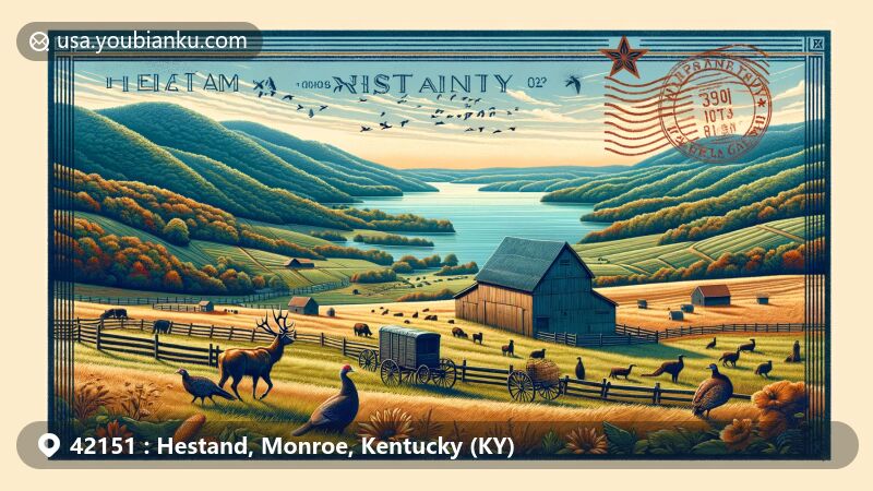 Modern illustration of Hestand, Monroe County, KY, portraying rural tranquility and abundant hunting grounds, featuring rolling hills, wildlife like deer and turkey, and elements of 'para-Amish' community.