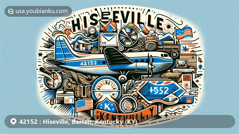 Modern illustration of Hiseville, Kentucky, showcasing postal theme with ZIP code 42152, featuring unique local charm and natural beauty.
