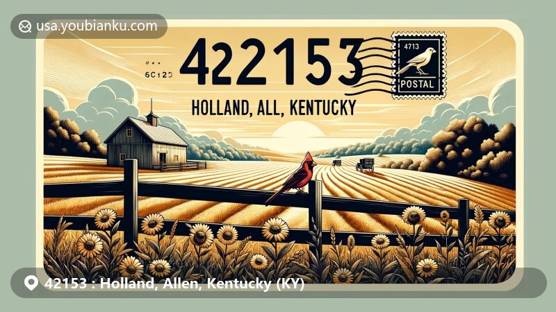 Modern illustration of Holland, Allen, Kentucky, depicting rural farmland with Kentucky state symbols and postal theme, featuring ZIP code 42153.