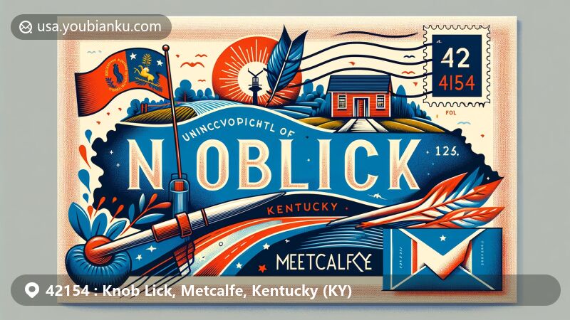 Modern illustration of Knob Lick, Metcalfe, Kentucky, embodying postal theme with ZIP code 42154, featuring rural landscape, state flag of Kentucky, and postal elements like stamp and postmark.