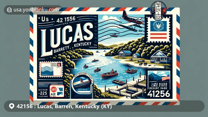 Modern illustration of Lucas, Barren County, Kentucky with ZIP code 42156, featuring Barren River Lake State Resort Park and outdoor activities like boating and hiking, incorporating Kentucky state flag and postal elements.