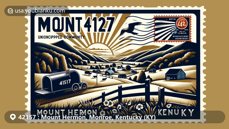 Modern illustration of Mount Hermon, Monroe County, Kentucky, highlighting rural and unincorporated community character with rolling hills, local flora, and pastoral lifestyle, featuring vintage postal themes and ZIP code 42157.