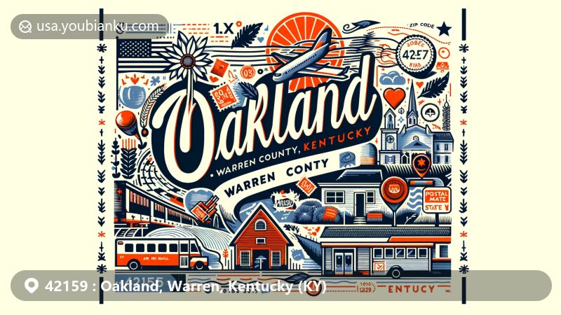 Modern illustration of Oakland, Warren County, Kentucky, depicting rural landscapes, agriculture, and state symbols, with a focus on postal theme and ZIP code 42159.