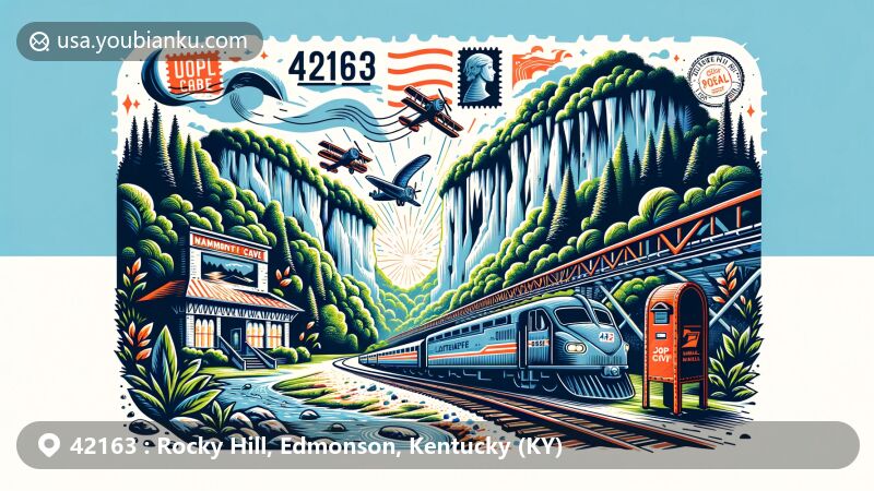 Modern illustration of Rocky Hill, Edmonson, Kentucky, highlighting ZIP code 42163, featuring Mammoth Cave National Park and railway elements, paying homage to local history.