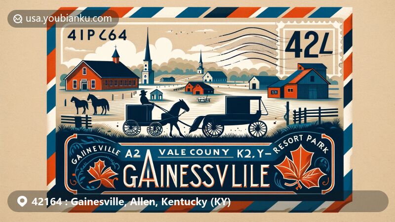 Modern illustration of Gainesville, Allen County, Kentucky, showcasing a vintage airmail envelope with ZIP code 42164, featuring Amish community charm and Barren River State Resort Park.