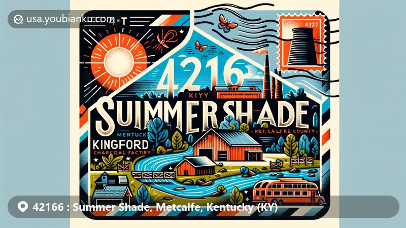 Modern illustration of Summer Shade, Metcalfe County, Kentucky, showcasing postal theme with ZIP code 42166, featuring Kingsford Charcoal factory and local natural scenery.