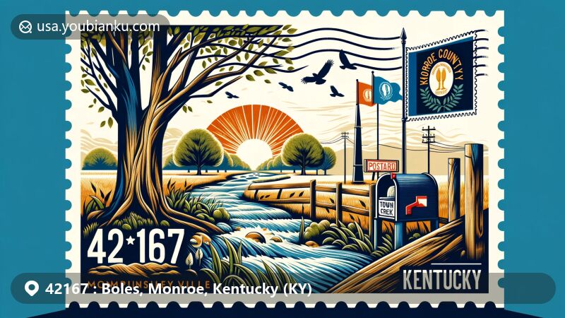 Modern illustration of Boles area, Monroe County, Kentucky, showcasing postal theme with ZIP code 42167, featuring Kentucky state symbols and Town Creek flowing through Tompkinsville.