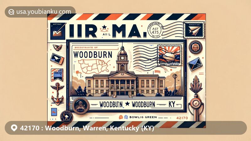 Modern illustration of Woodburn, Kentucky, featuring aerial mail envelope design with a postcard showcasing town map and city hall, surrounded by Kentucky state flag and symbols of Woodburn’s natural beauty. Stamp and postmark on envelope emphasize postal theme with '42170' and 'Woodburn, KY', hinting at metropolitan connection through bowling green area contours.