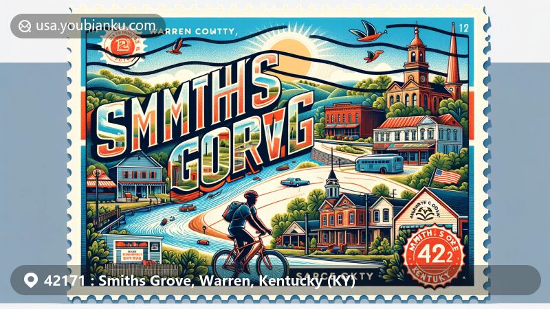 Modern illustration of Smiths Grove, Warren County, Kentucky, featuring postal theme with ZIP code 42171, showcasing historic buildings and cycling activities along U.S. Bike Route 23 towards Mammoth Cave National Park.