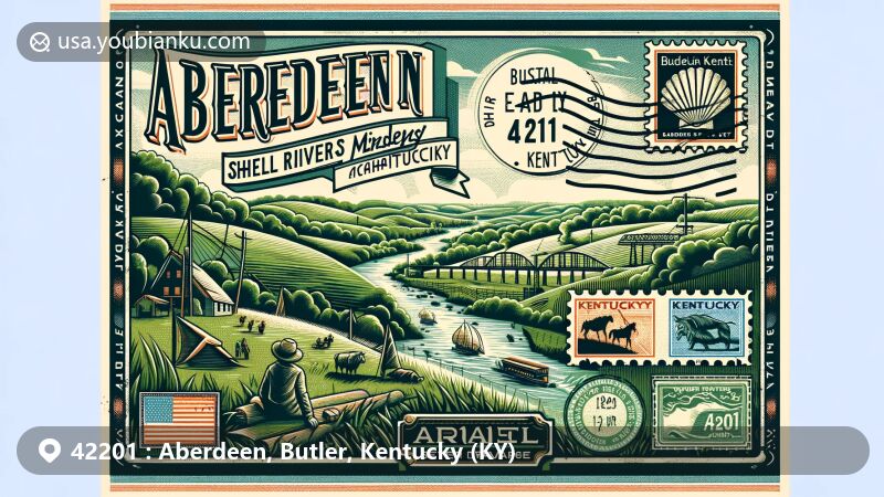 Modern illustration of Aberdeen, Butler, Kentucky, inspired by postal theme with ZIP code 42201, featuring Green River and historical Green River Shell Middens Archaeological District.