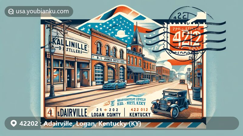 Modern illustration depicting the charm of Adairville, Logan County, Kentucky, featuring Gallatin Street and B.H. James Distillers in the old fire station, with a vintage airmail envelope highlighting local landmarks and cultural symbols.