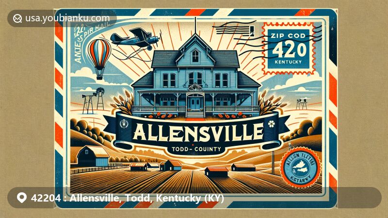 Modern illustration of Allensville, Todd County, Kentucky, featuring vintage air mail envelope with ZIP code 42204, highlighting Hightower Place (Haddox House) and Kentucky state flag.