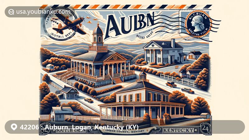 Modern illustration of Auburn, Logan County, Kentucky, showcasing postal theme with ZIP code 42206, featuring South Union Shaker Village and McCutchen Meadows.