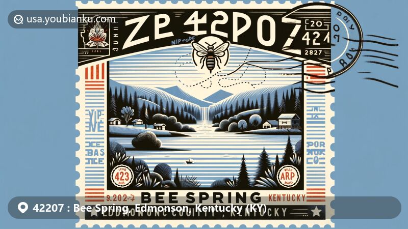 Modern illustration of Bee Spring, Edmonson County, Kentucky, showcasing postal theme with ZIP code 42207, featuring Nolin Lake State Park and natural beauty.