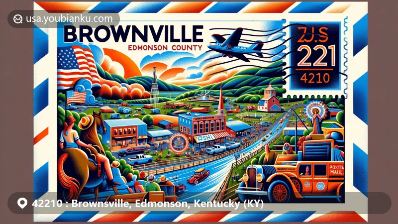 Vibrant illustration of Brownsville, Edmonson County, Kentucky, inspired by air mail envelope design, showcasing rural charm, rolling hills, and community spirit with elements of Edmonson County Fair events. ZIP code 42210 featured alongside Kentucky symbolism.