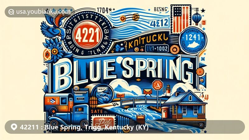 Modern illustration of Blue Spring, Trigg County, Kentucky, featuring natural beauty, state flag, and postal-themed elements, capturing essence of ZIP code 42211.