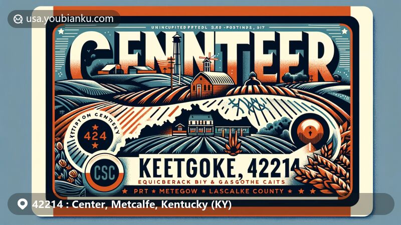 Modern illustration of Center, Kentucky, representing ZIP code 42214 in Metcalfe County, featuring vintage postal card layout with state and county outlines, and local symbols like rolling hills and agriculture scenes.